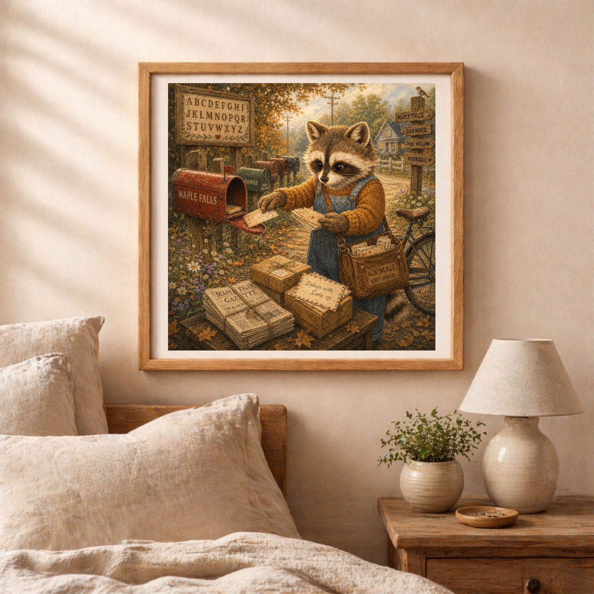 American Woodland Alphabet Raccoon Mailbox Postmaster Printable 5 Raccoon mailbox postmaster printable wall art displayed above a cozy bed