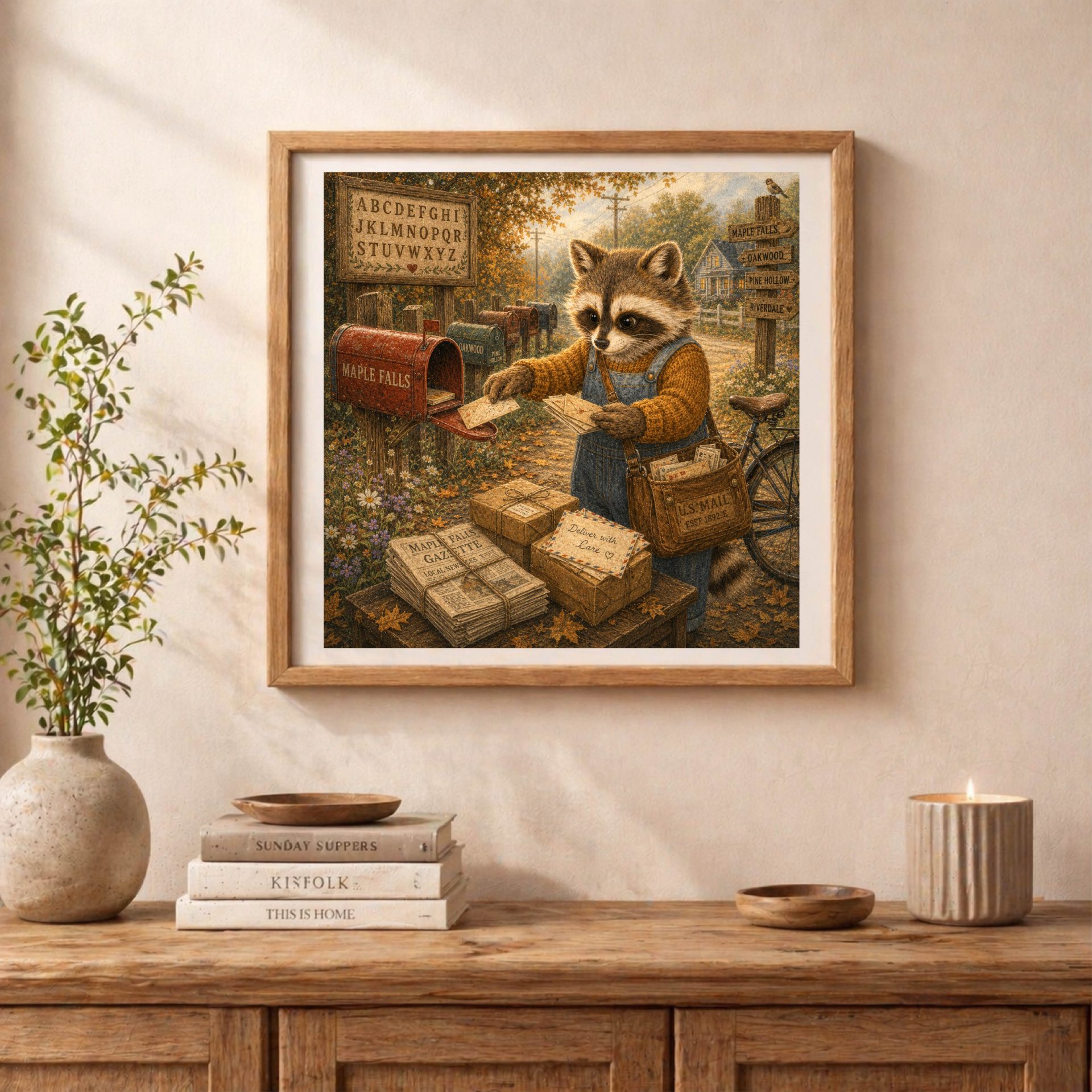 American Woodland Alphabet Raccoon Mailbox Postmaster Printable 3 Raccoon mailbox postmaster printable wall art displayed in a cozy cottagecore interior