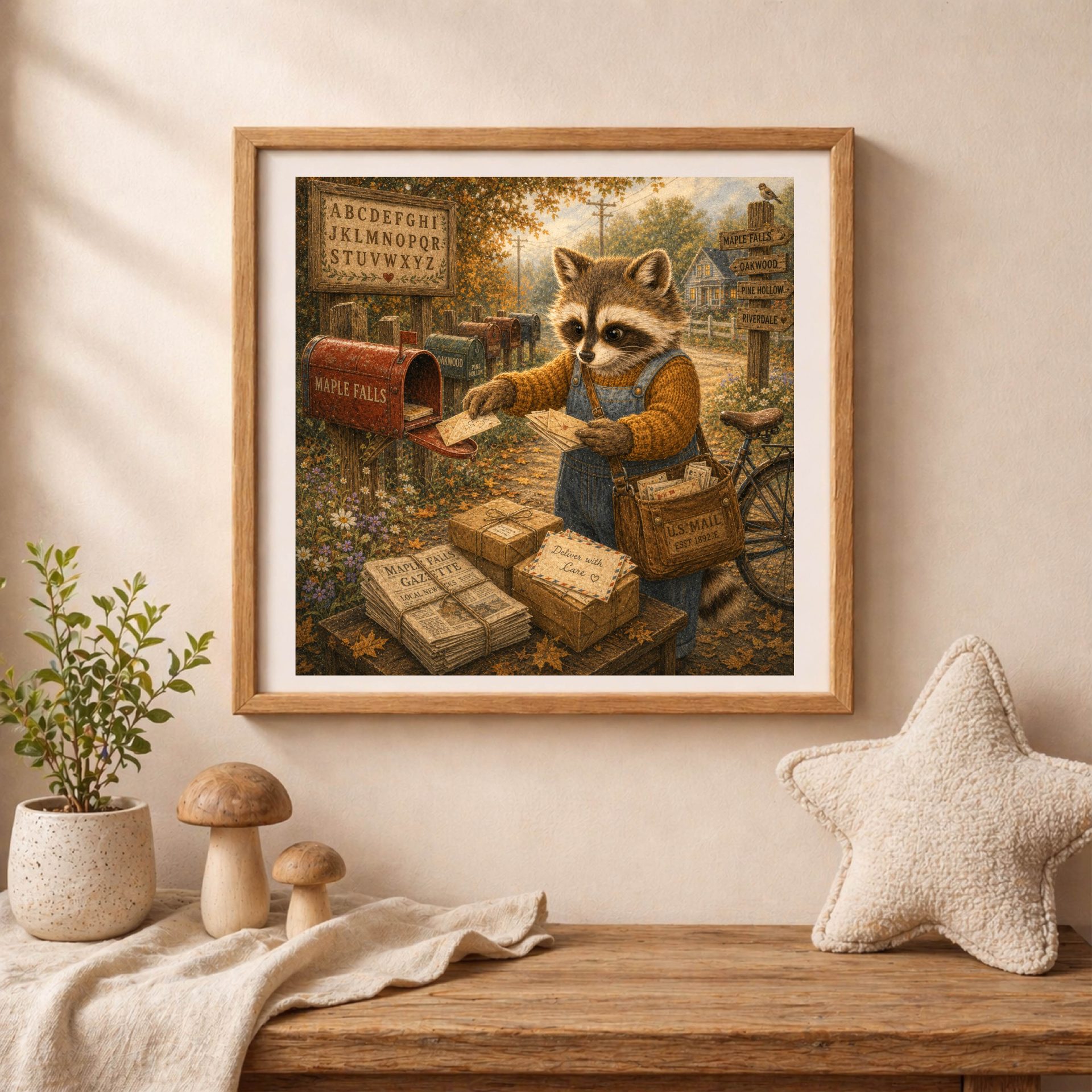 American Woodland Alphabet Raccoon Mailbox Postmaster Printable 4 Raccoon mailbox postmaster printable wall art displayed in a children's room