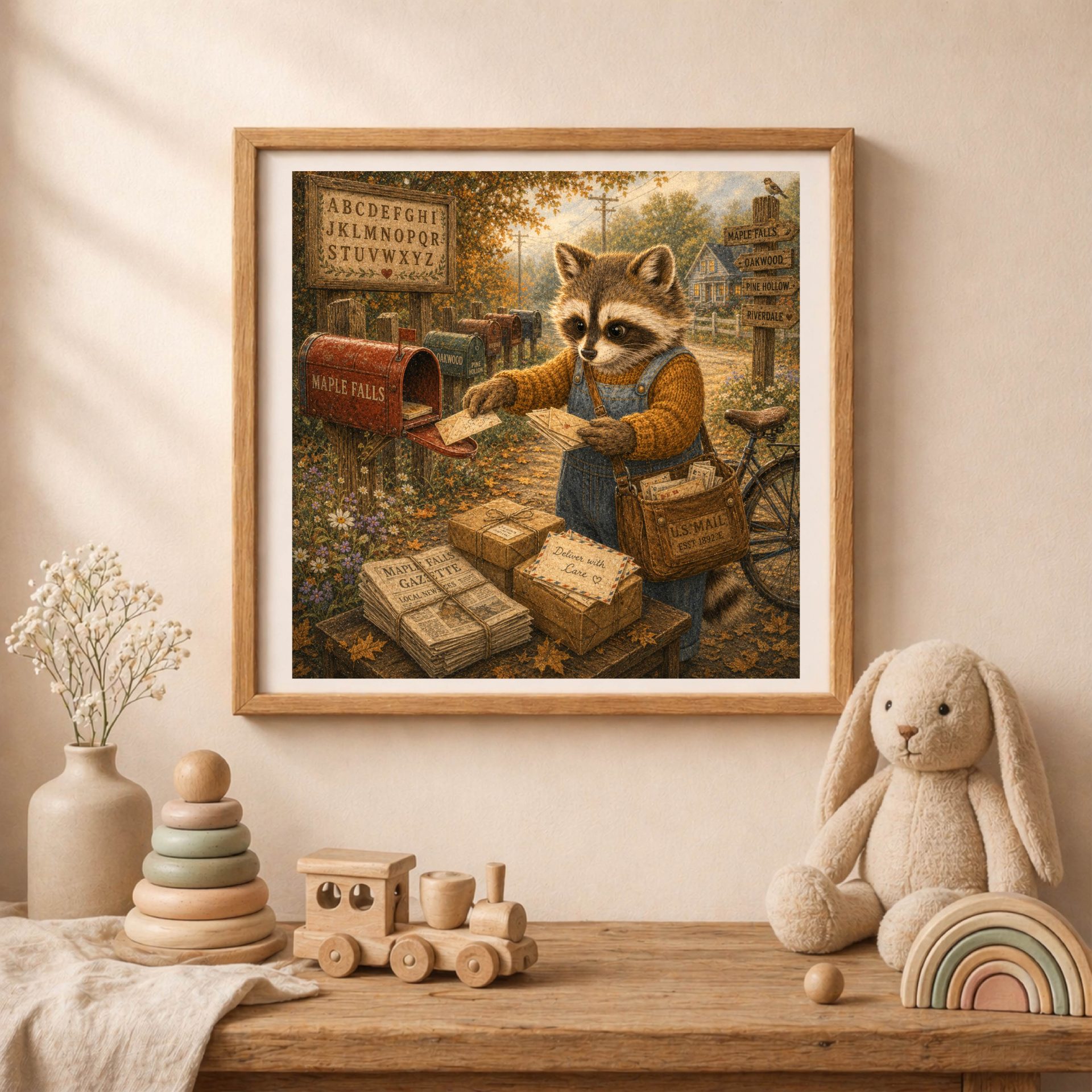 American Woodland Alphabet Raccoon Mailbox Postmaster Printable 2 Raccoon mailbox postmaster printable wall art displayed in a woodland nursery