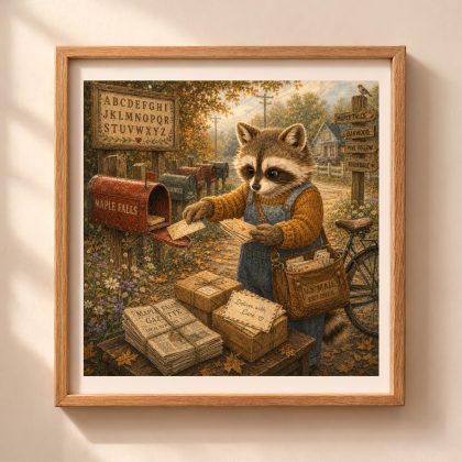 American Woodland Alphabet Raccoon Mailbox Postmaster Printable featuring a raccoon sorting letters beside vintage mailboxes