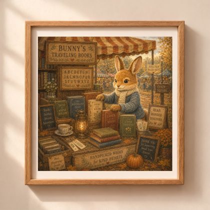 American Woodland Alphabet Rabbit Book Fair Seller printable wall art featuring a rabbit bookseller at an autumn book fair