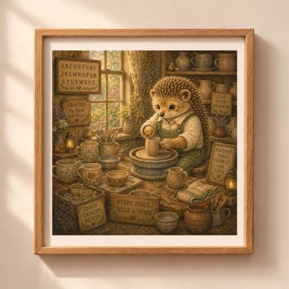 American Woodland Alphabet Hedgehog Pottery Artisan printable wall art featuring a hedgehog making pottery in a woodland workshop