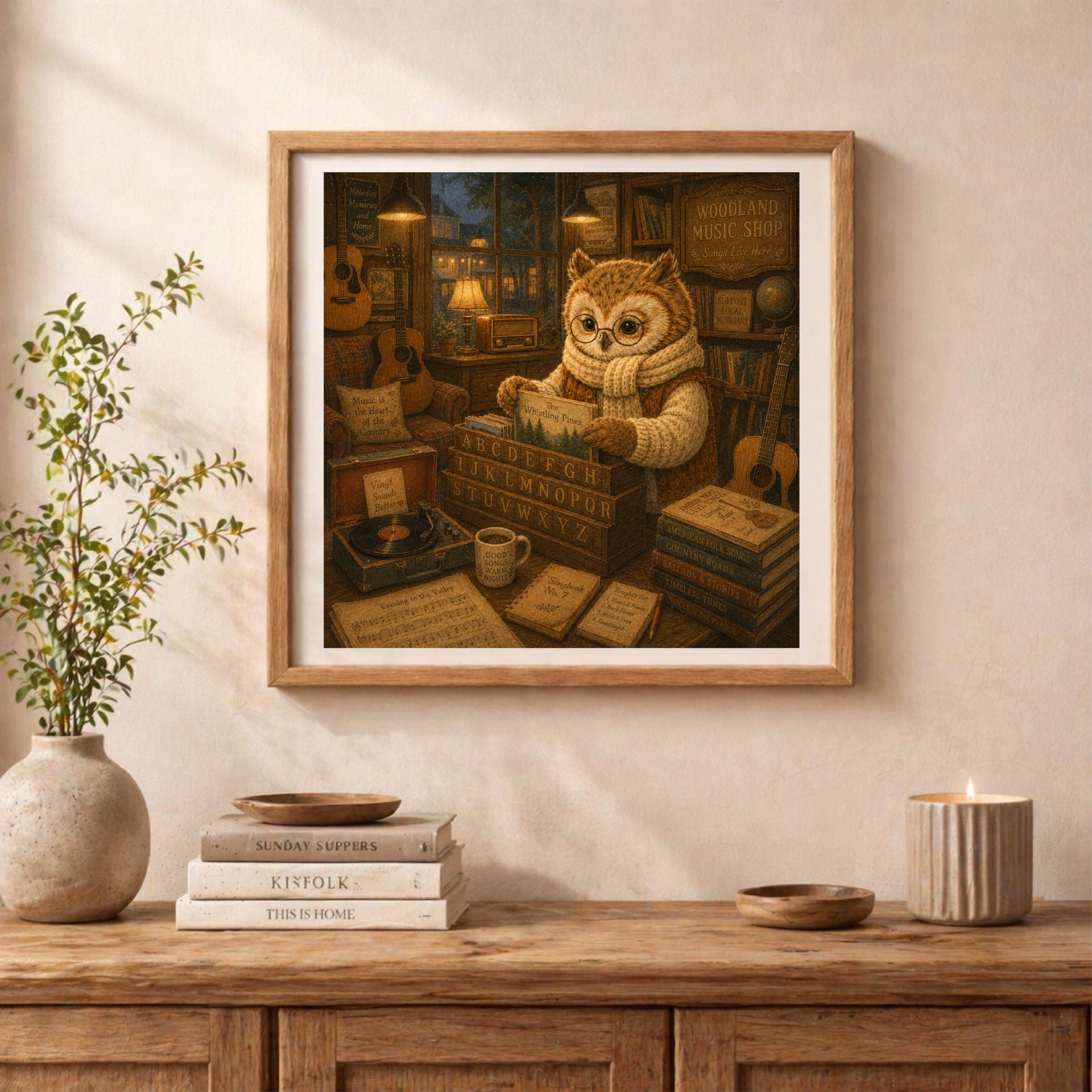 Owl music shop owner printable wall art in cottagecore interior