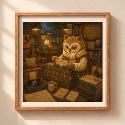 American Woodland Alphabet Owl Music Shop Owner printable wall art featuring an owl organizing records in a cozy woodland music store