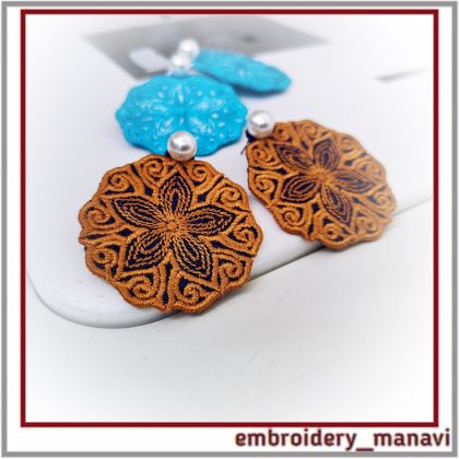 Mandala FSL Earrings by Embroidery Manavi 05. In the hoop lace jewelry design. Single hooping, step-by-step PDF guide. Instant download for unique DIY gifts!