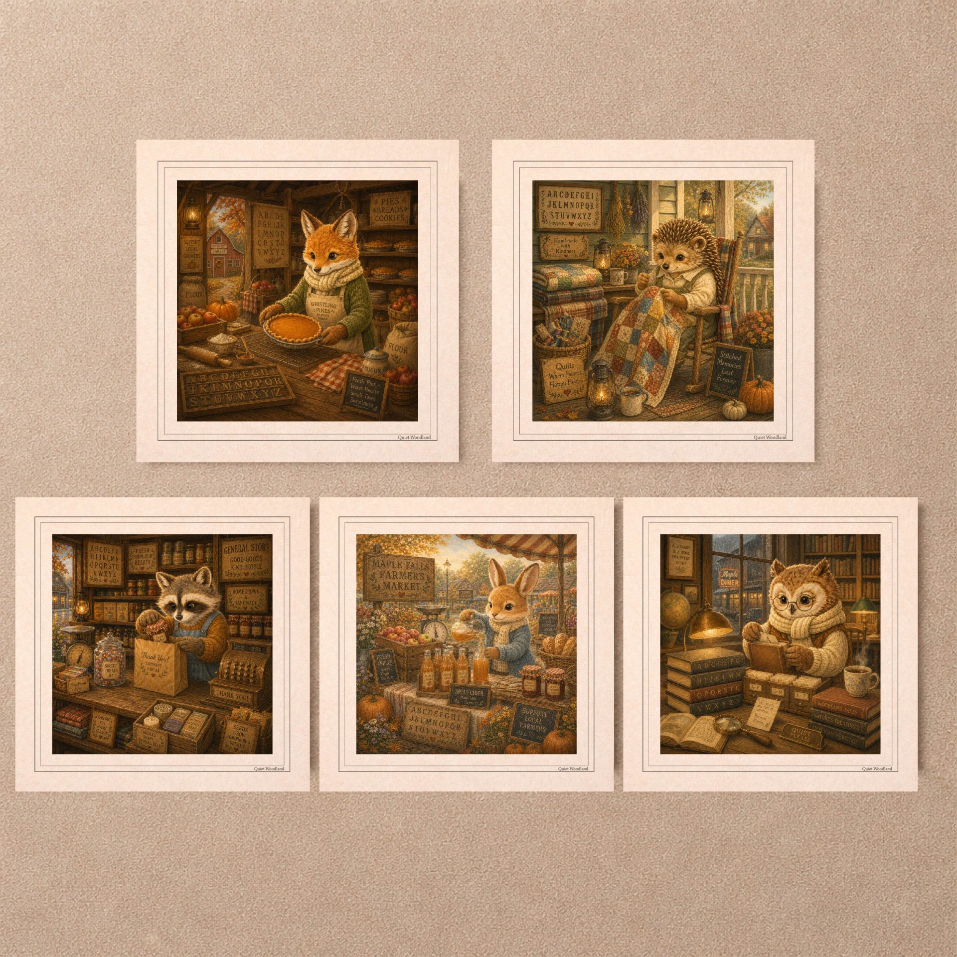 American Woodland Alphabet Printable Postcards Set 1 American Woodland Alphabet Printable Postcards set featuring fox baker rabbit farmer raccoon shopkeeper hedgehog quilt maker and owl librarian illustrations