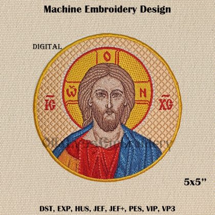 Round icon of Jesus 5x5" machine embroidery design.