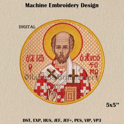 Icon of St. John Chrysostom in a round shape embroidery design