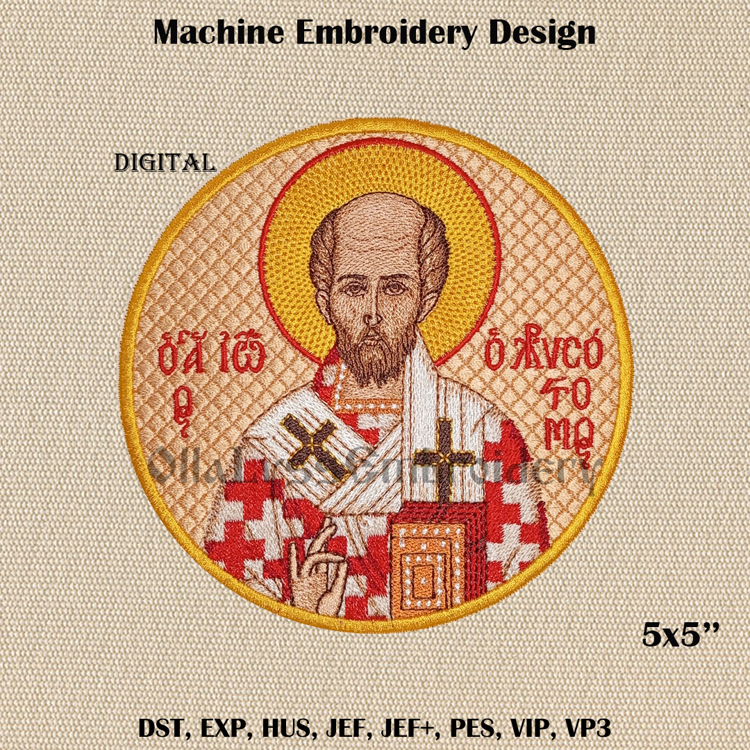 John Chrysostom embroidery design 1 Icon of St. John Chrysostom in a round shape embroidery design