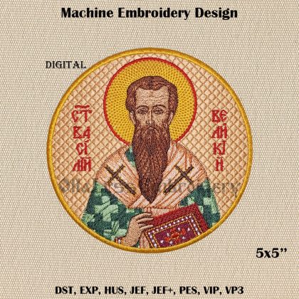 Round icon of Basil the Great embroidery design.