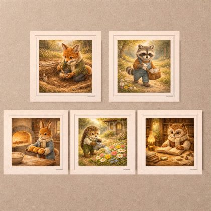 Woodland Animal Professions Printable Postcards Set displayed as a five piece square card arrangement on a textured wall.