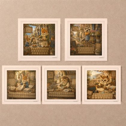 Spanish Woodland Alphabet Coastal Professions Postcards Set displayed as a 5 piece square card arrangement on a textured wall.