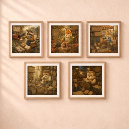 Five square wooden frames hanging on a beige wall, displaying the full collection of five American Woodland Alphabet digital prints including the raccoon, fox, rabbit, hedgehog, and owl.