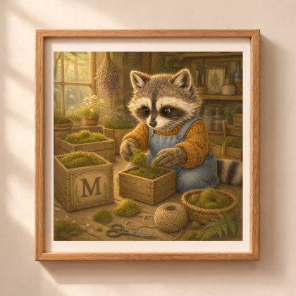 A square wooden frame on a beige wall showcasing a vintage storybook raccoon in denim overalls arranging green moss into small wooden crates with a large letter M engraved block.
