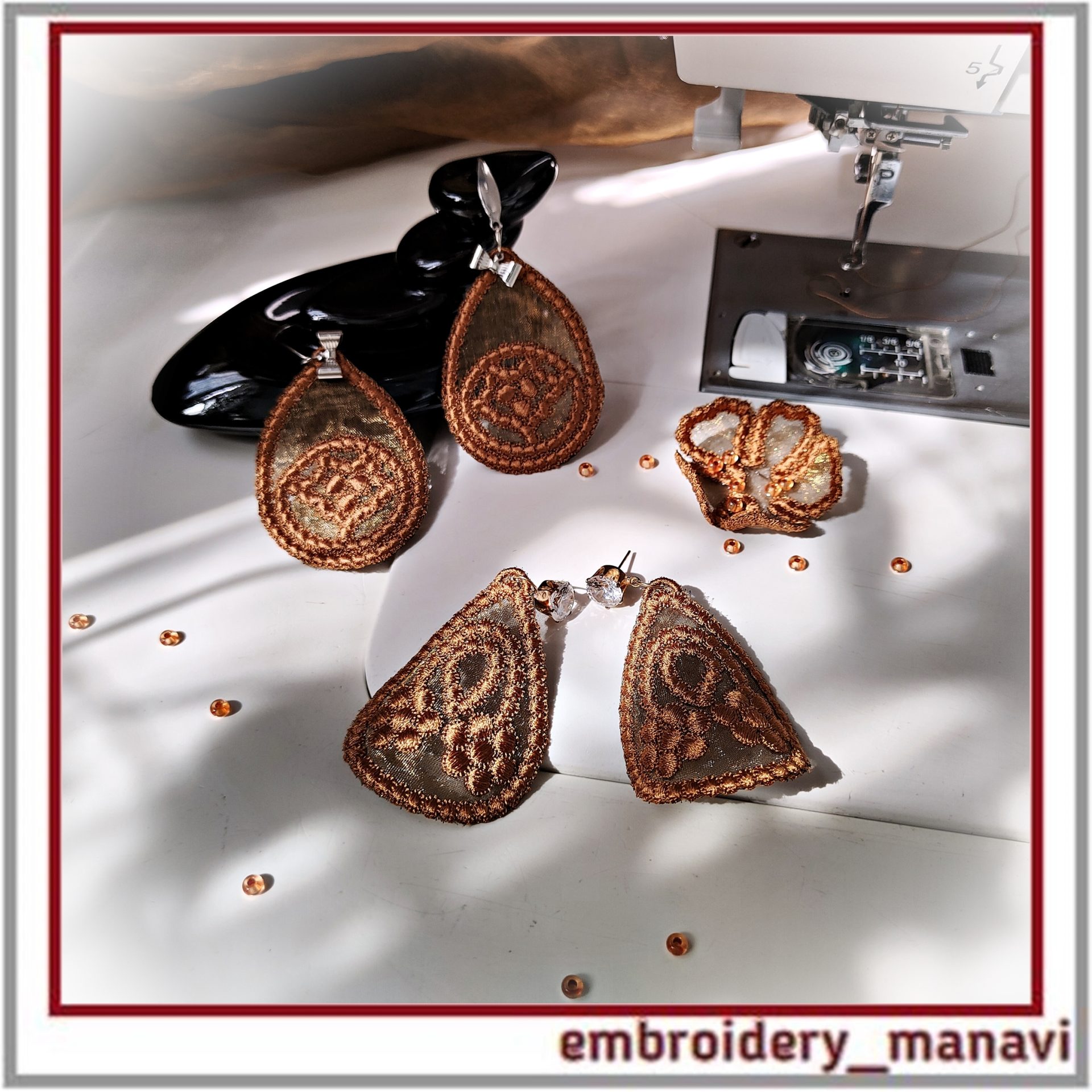 Volume Organza Earrings ITH Machine Embroidery Design No FSL 1 3D Volume Organza Earrings by Embroidery Manavi 05. 2 types, No FSL, high density stitch, 4x4 hoop. Optional stabilizer. Instant download for DIY jewelry gifts!