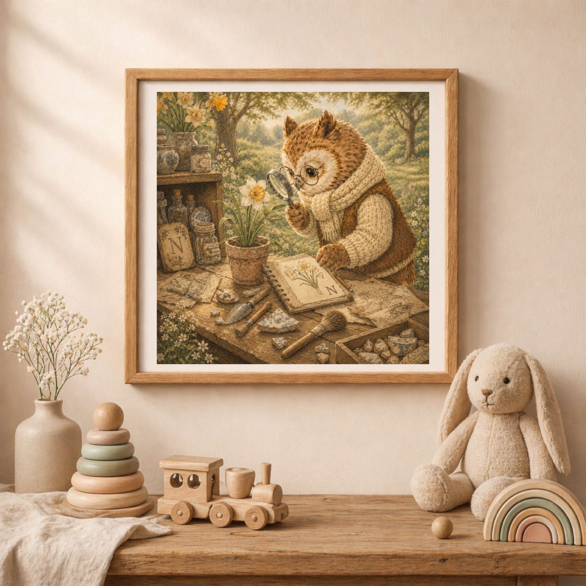 Botanical Woodland Alphabet Monogram N Digital Download 2 A framed woodland owl monogram print hanging above a wooden table with a plush bunny, wooden toy train, rainbow stacker, and vase of white flowers.
