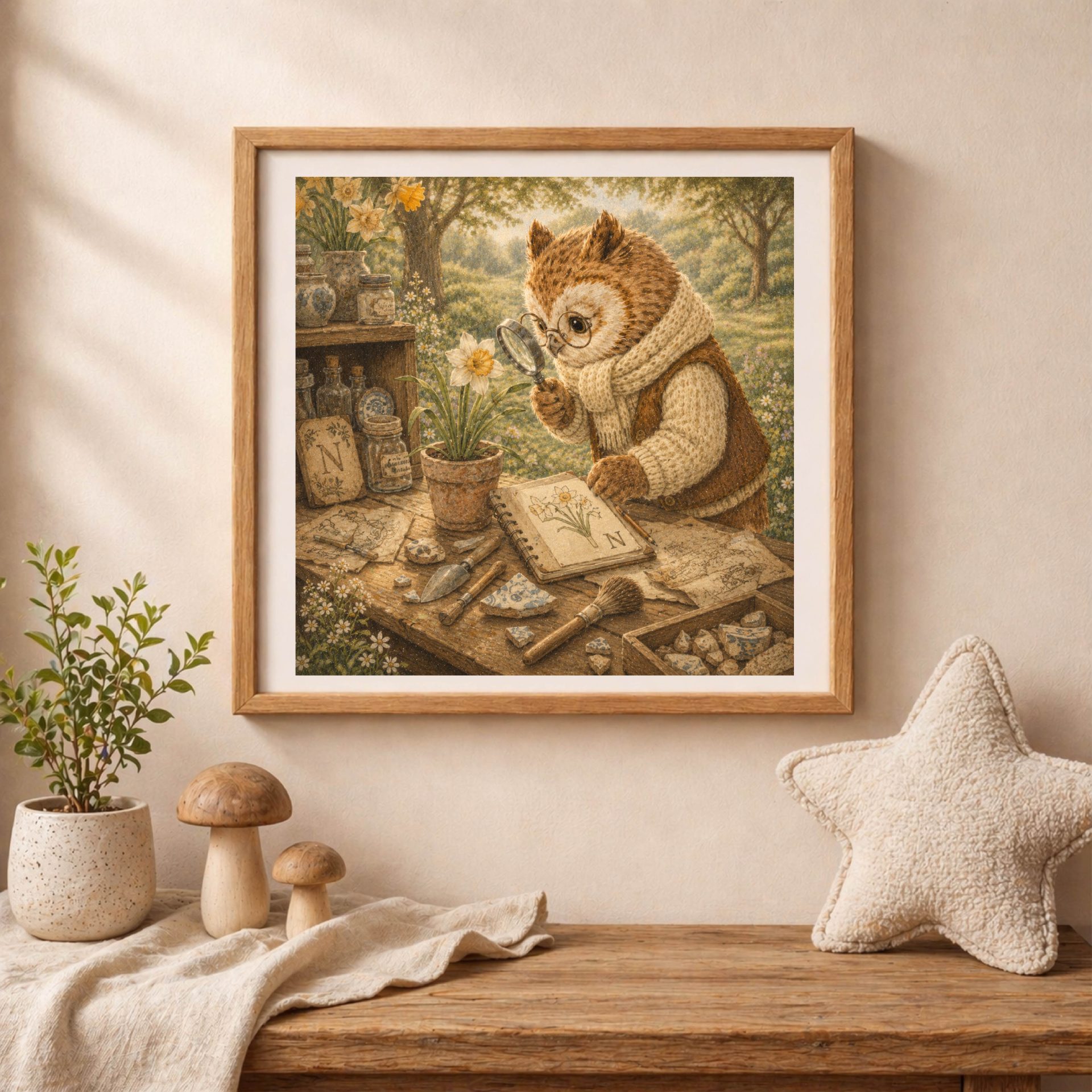 Botanical Woodland Alphabet Monogram N Digital Download 5 A square framed print of the owl botanical workshop sitting on a shelf with two small wooden mushrooms and a plush star pillow.