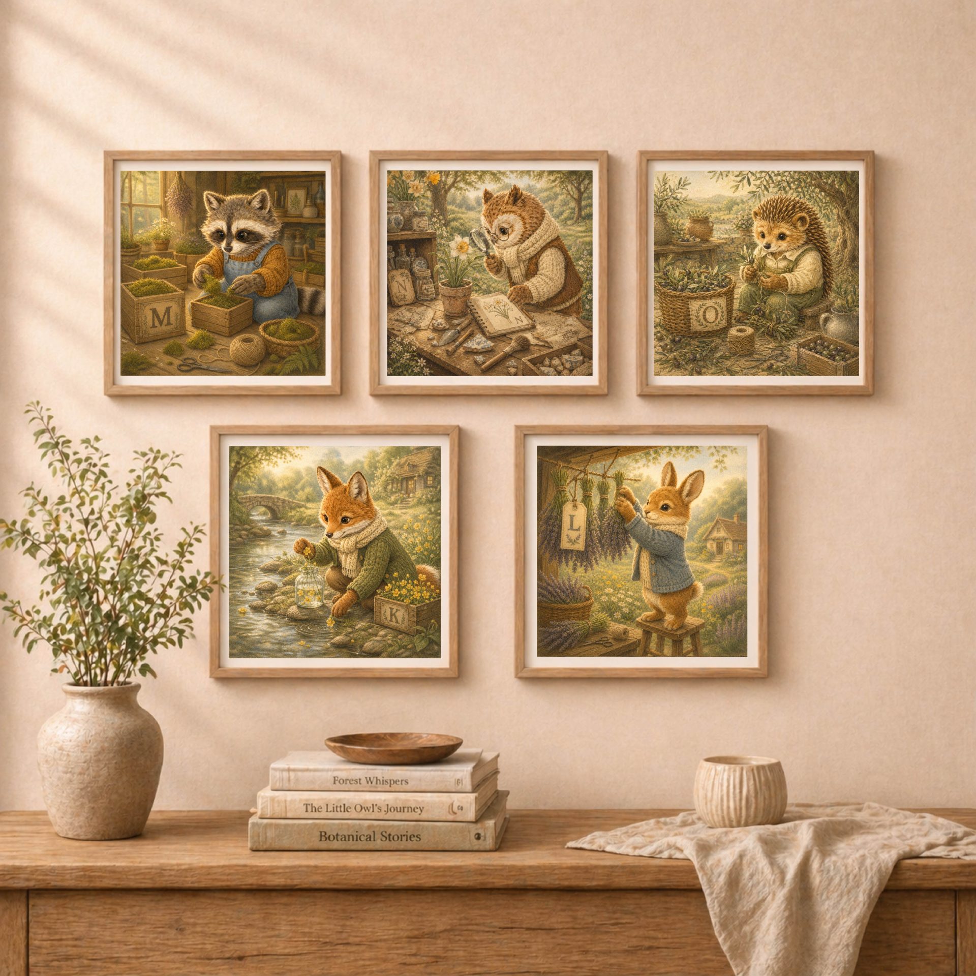 Botanical Woodland Alphabet Monogram N Digital Download 9 Five square wooden frames hanging on a wall in a grid layout, showcasing letters M, N, O, K, and L from the botanical woodland series featuring a raccoon, owl, hedgehog, fox, and rabbit.
