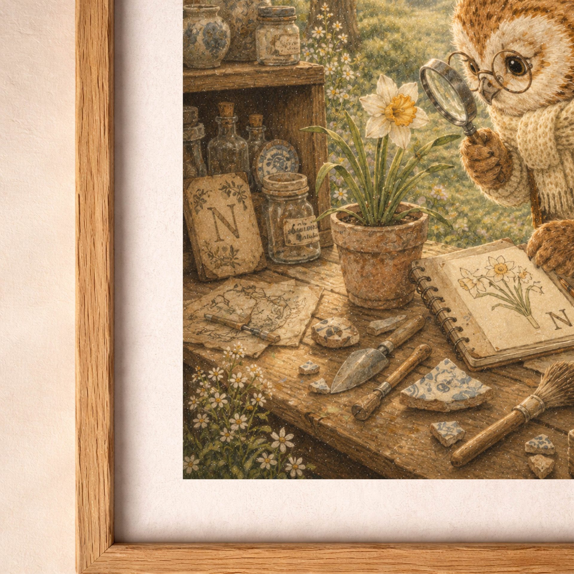 Botanical Woodland Alphabet Monogram N Digital Download 7 A macro close-up view of the owl print focusing on the open sketchbook with a letter N drawing, surrounded by botanical tools, porcelain shards, and white flowers on the table.