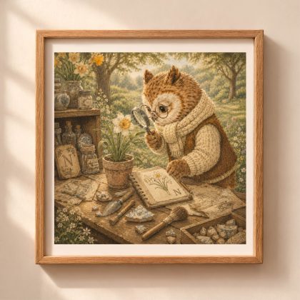 A square wooden frame on a beige wall showcasing a vintage storybook owl with glasses and a scarf inspecting a potted narcissus flower with a magnifying glass at a rustic botanical table.