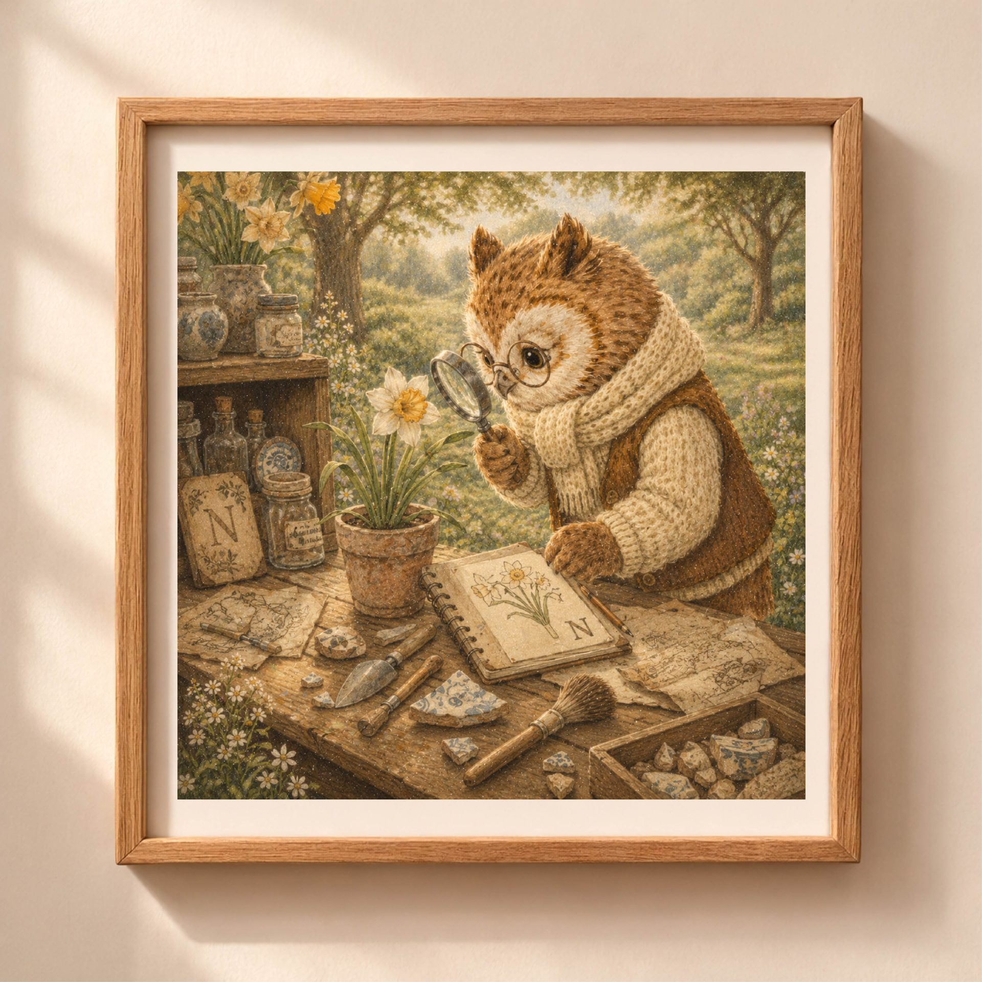 Botanical Woodland Alphabet Monogram N Digital Download 1 A square wooden frame on a beige wall showcasing a vintage storybook owl with glasses and a scarf inspecting a potted narcissus flower with a magnifying glass at a rustic botanical table.