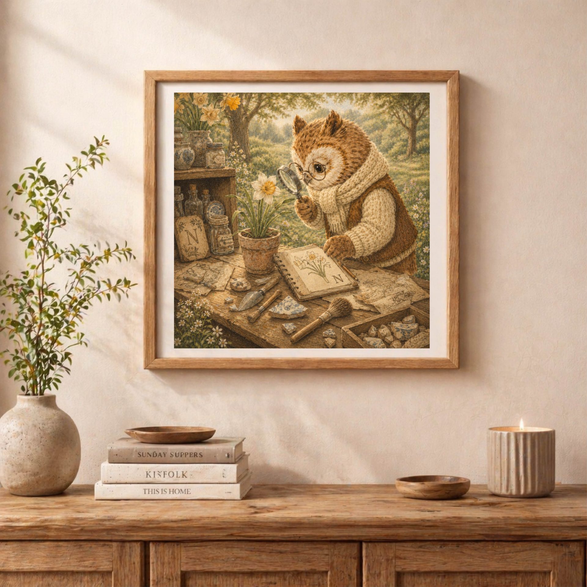 Botanical Woodland Alphabet Monogram N Digital Download 3 An oak frame containing the owl monogram N illustration displayed on a wooden sideboard next to a vase with green branches, a stack of books, and a lit candle.
