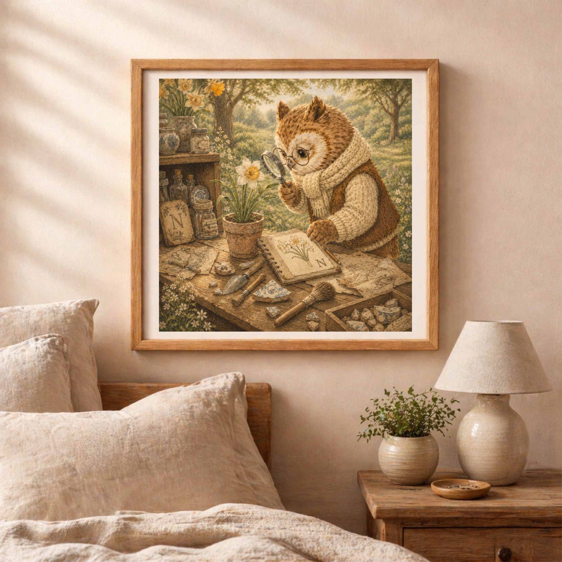 Botanical Woodland Alphabet Monogram N Digital Download 6 The framed owl botanical desk print hanging on a wall above a bed with linen pillows and a wooden nightstand with a lamp.
