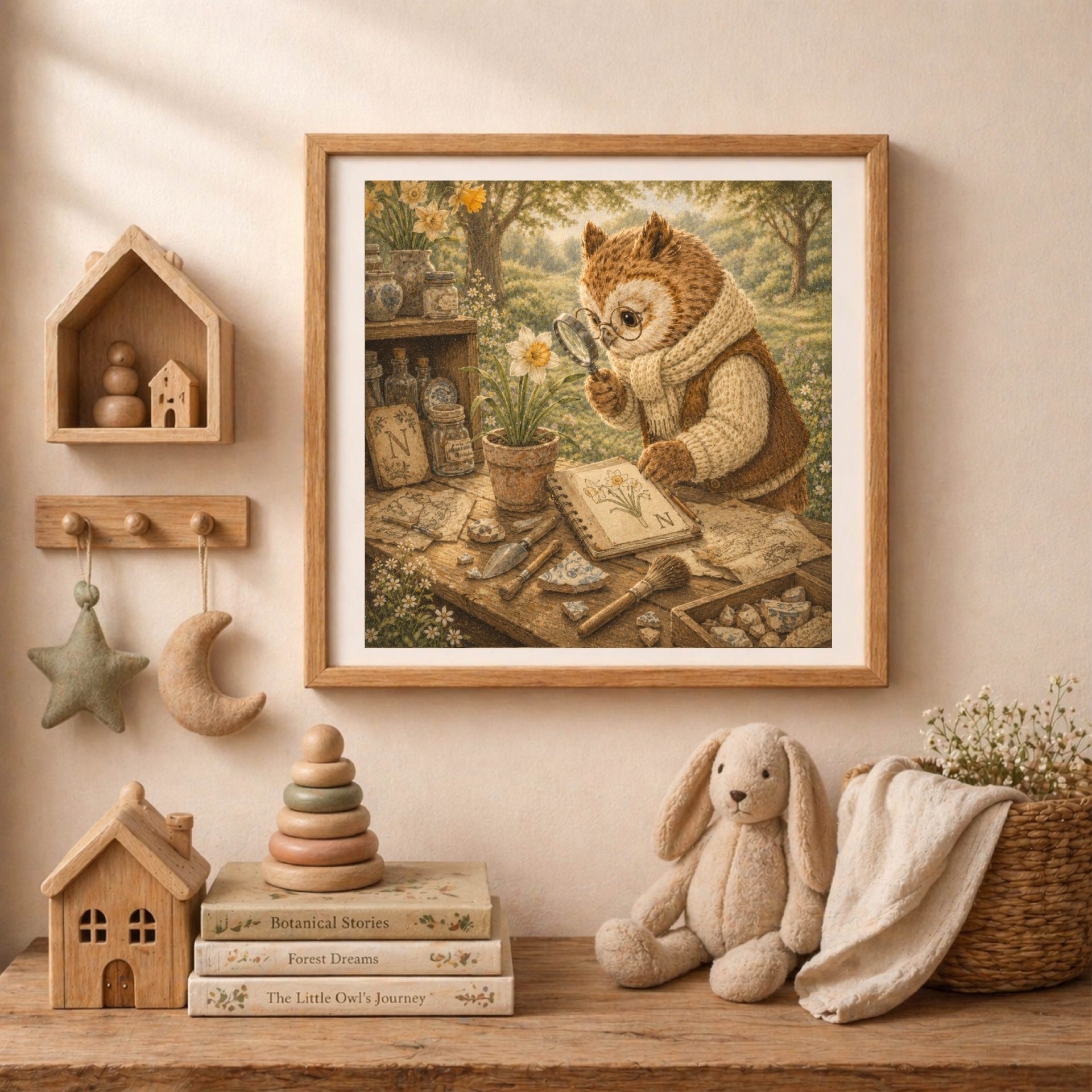 Botanical Woodland Alphabet Monogram N Digital Download 4 The owl monogram print framed on a wall next to a small wooden house shelf, a star peg rack, a plush rabbit, and a stack of books titled Botanical Stories.