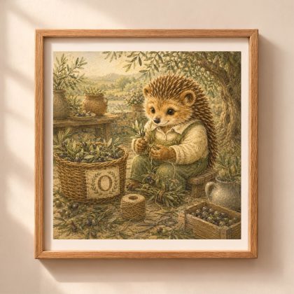 A square wooden frame on a beige wall showcasing a vintage storybook hedgehog gardener sorting olive branches into bundles with twine near a basket with the letter O.