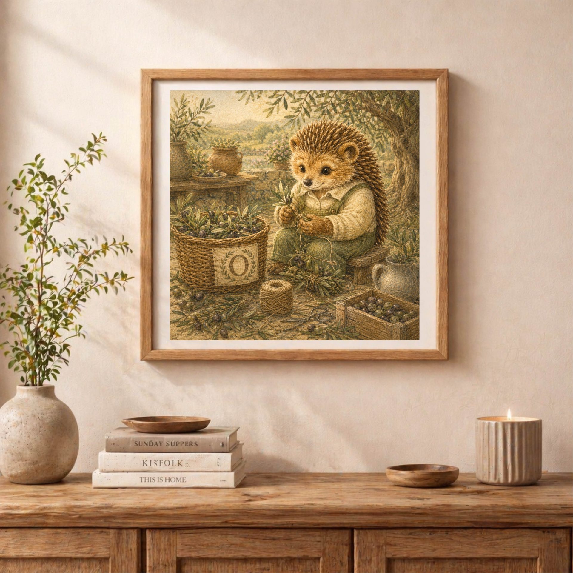 An oak frame containing the hedgehog monogram O illustration displayed on a wooden sideboard next to a vase with green branches, a stack of books, and a lit candle.