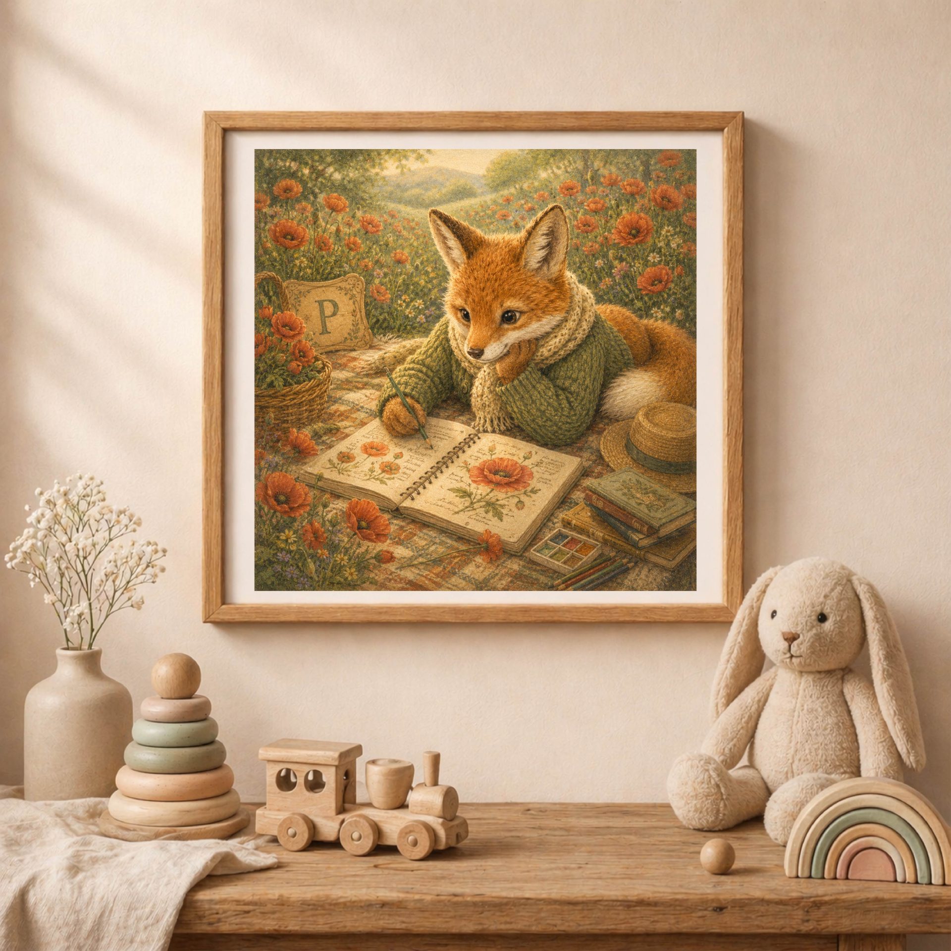 Botanical Woodland Alphabet Monogram P Digital Download Nursery 2 A framed cottagecore fox monogram print hanging above a rustic wooden table featuring a plush rabbit, wooden toy train, rainbow stacker, and small vase of flowers.