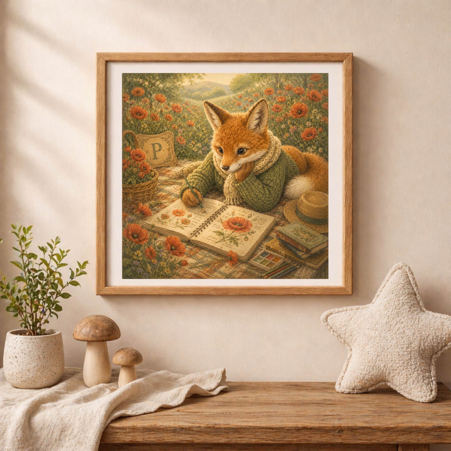 Botanical Woodland Alphabet Monogram P Digital Download Nursery 5 A square framed print of the fox poppy-painting scene sitting on a shelf with two small wooden mushrooms and a plush star pillow.