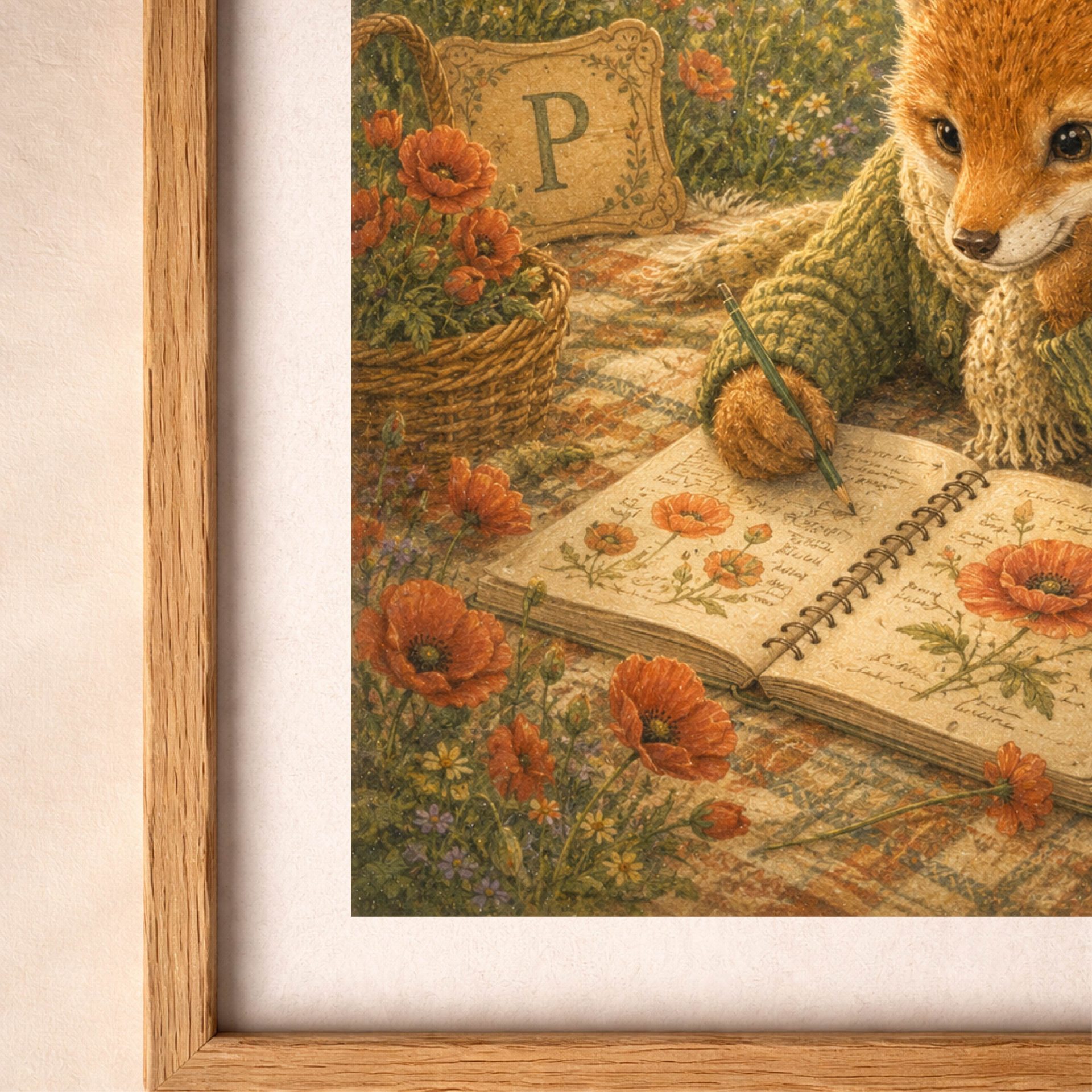 Botanical Woodland Alphabet Monogram P Digital Download Nursery 7 A macro close-up view of the fox print focusing on the open sketchbook, colored pencils, and vibrant red wild poppy details.