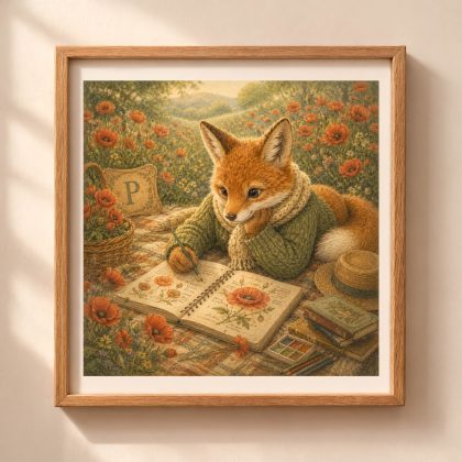 A square wooden frame on a beige wall showcasing a vintage storybook fox wearing a green sweater and sketching poppies on a picnic blanket near a stone plaque with the letter P.