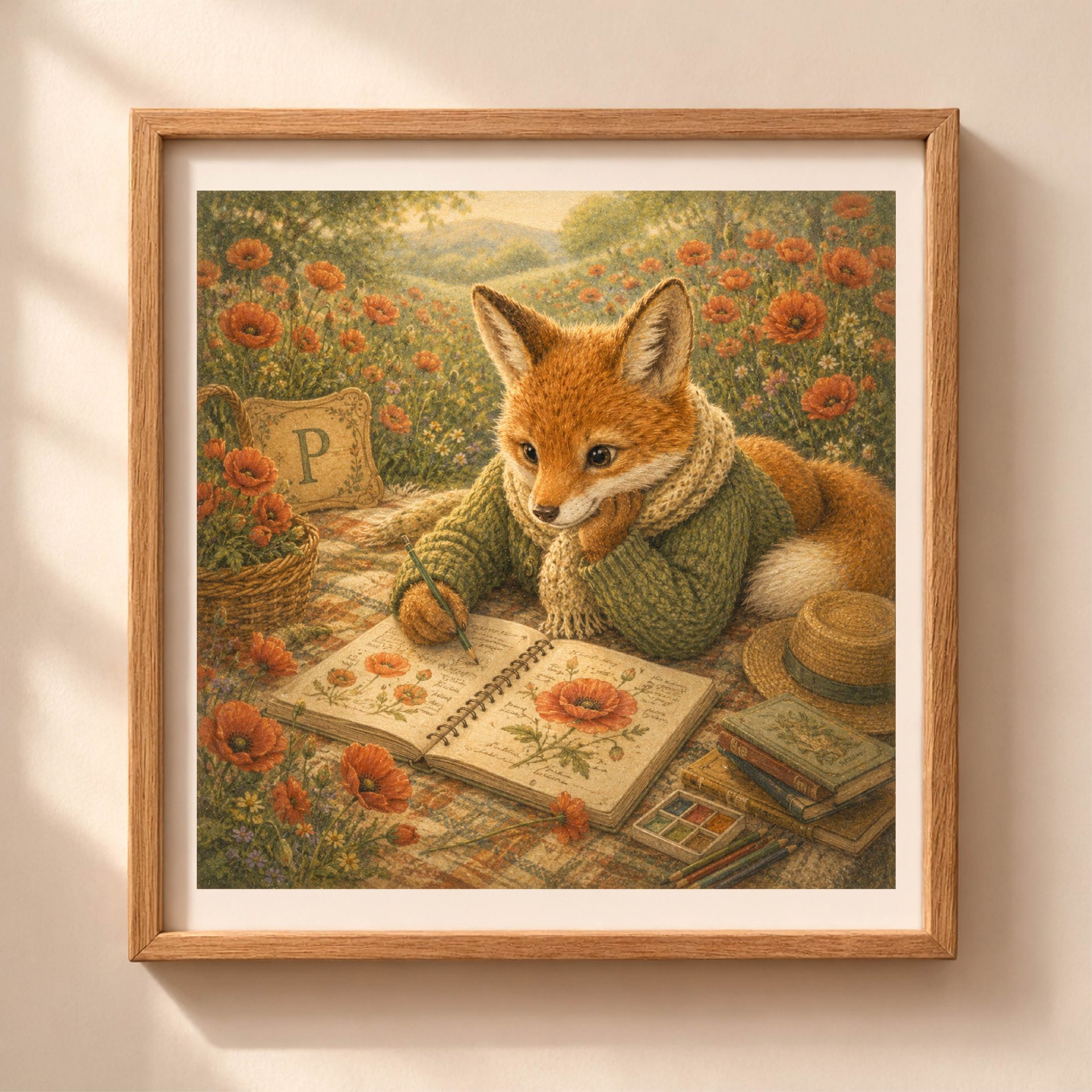 Botanical Woodland Alphabet Monogram P Digital Download Nursery 1 A square wooden frame on a beige wall showcasing a vintage storybook fox wearing a green sweater and sketching poppies on a picnic blanket near a stone plaque with the letter P.