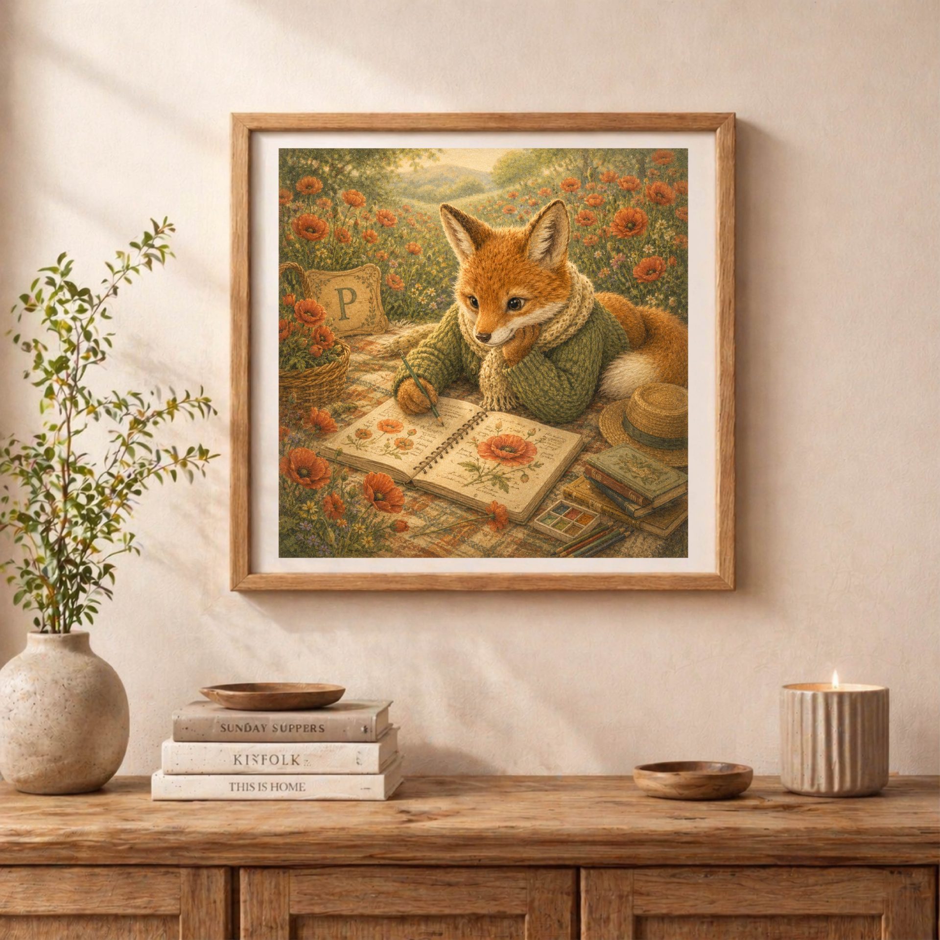 Botanical Woodland Alphabet Monogram P Digital Download Nursery 3 An oak frame holding the fox monogram P illustration displayed on a wooden sideboard next to a vase with green branches, a stack of books, and a lit candle.