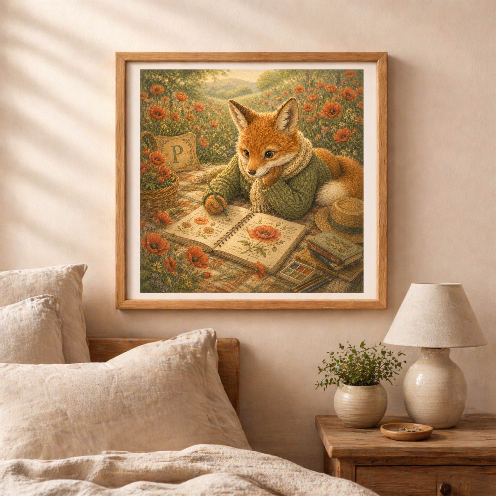 Botanical Woodland Alphabet Monogram P Digital Download Nursery 6 The framed fox botanical scene print hanging on a wall above a bed with linen pillows and a wooden nightstand with a lamp.