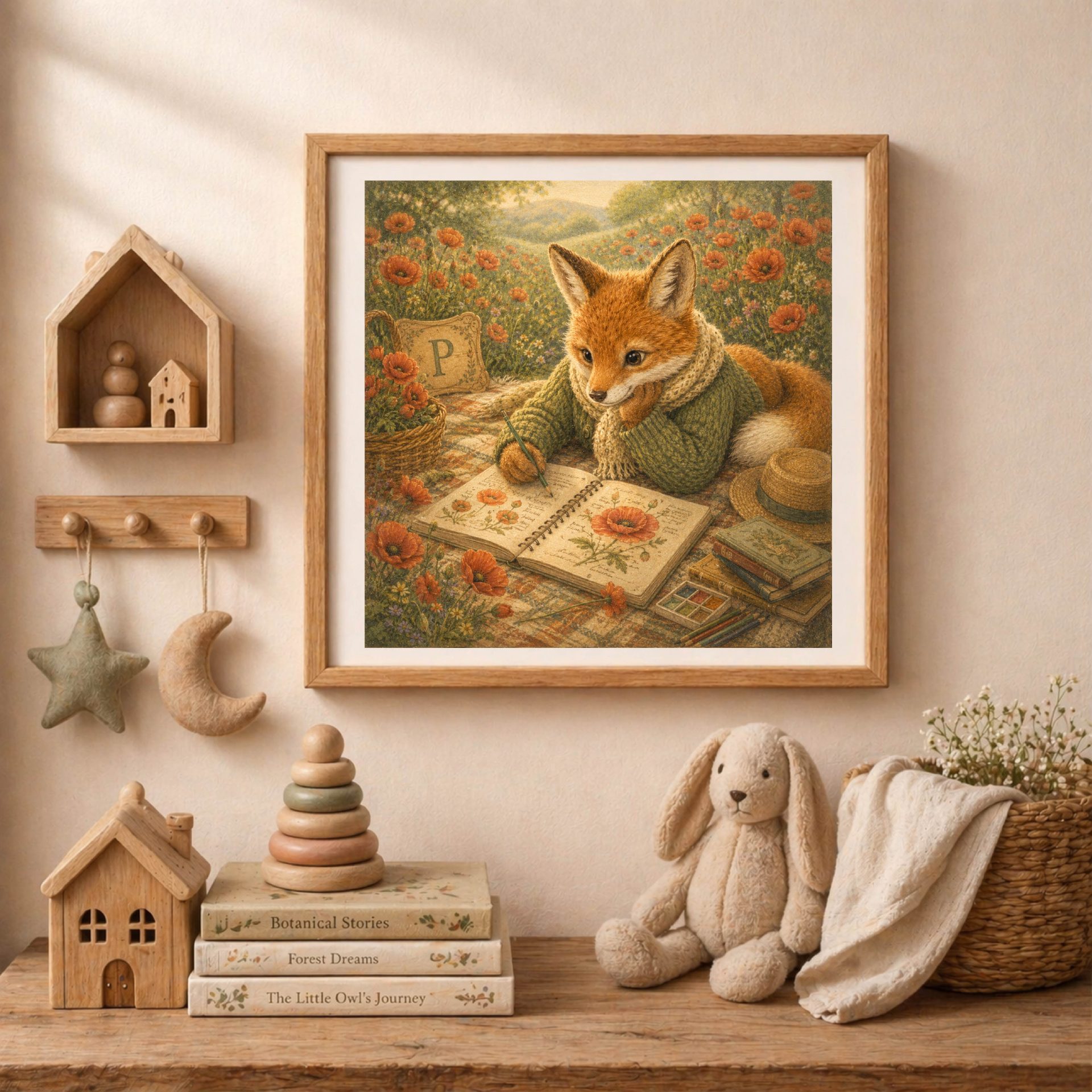 Botanical Woodland Alphabet Monogram P Digital Download Nursery 4 The fox monogram print framed on a wall next to a small wooden house shelf, a star peg rack, a plush rabbit, and a stack of books titled Botanical Stories.