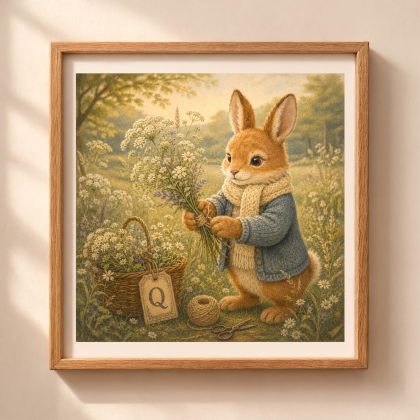 A framed square digital art print featuring a storybook bunny rabbit holding a bouquet of wildflowers next to a wicker basket with a letter Q tag on a sunlit wall.