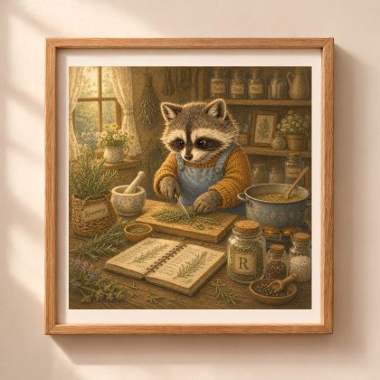 A framed square digital art print of a storybook raccoon chopping rosemary herbs at a kitchen counter with a letter R glass jar on a sunlit wall.