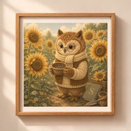 A framed square digital art print of a storybook owl holding a basket of seeds in a sunflower field with a letter S book on a sunlit wall.