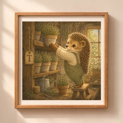 A framed square digital art print of a storybook hedgehog arranging thyme pots on wooden shelves with a hanging letter T tag on a sunlit wall.