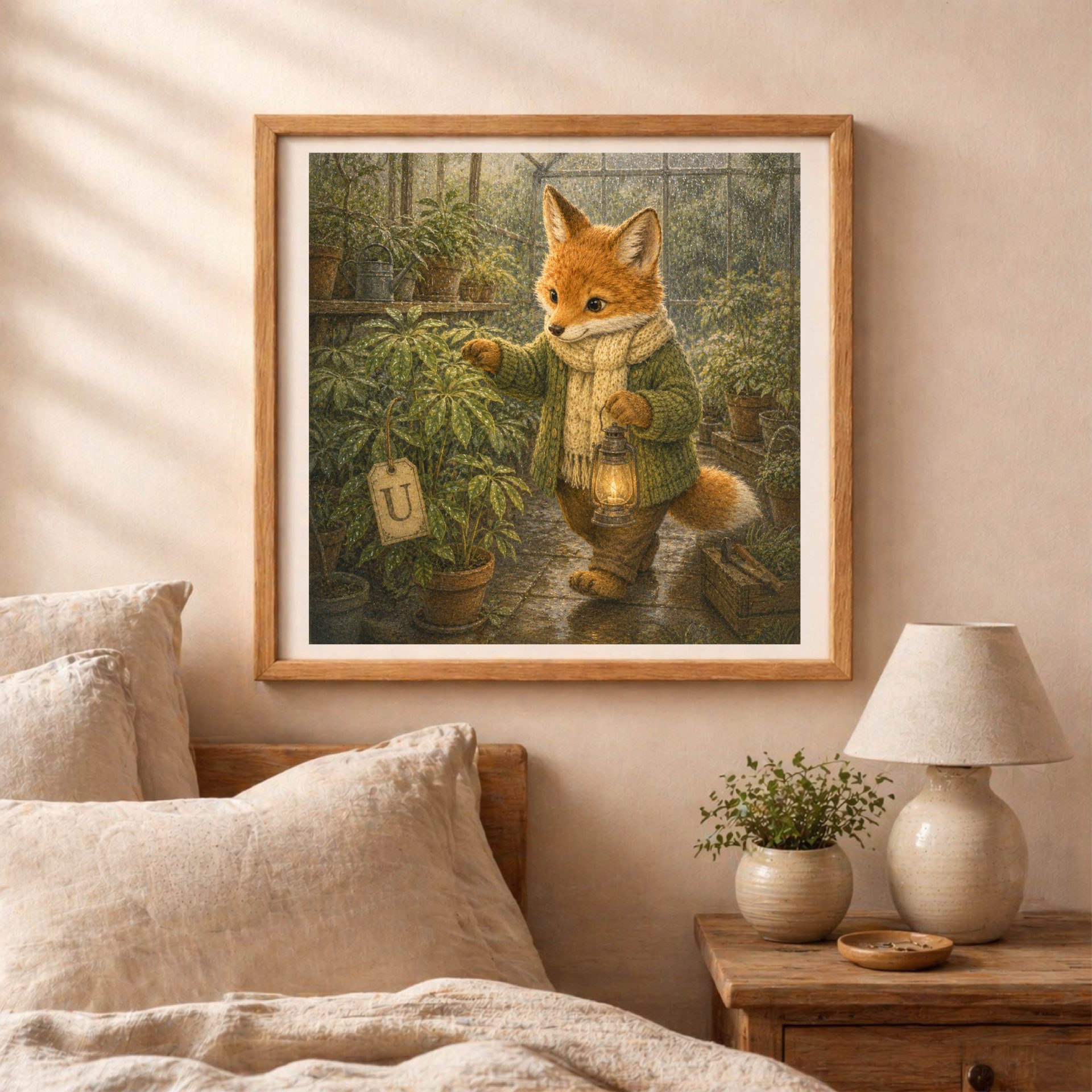Nursery Monogram U Printable Woodland Fox Baby Shower Gift 6 A framed square picture of a storybook fox inside a misty greenhouse next to a letter U tag, hung on a wall above a cozy bed with linen sheets and a lamp.