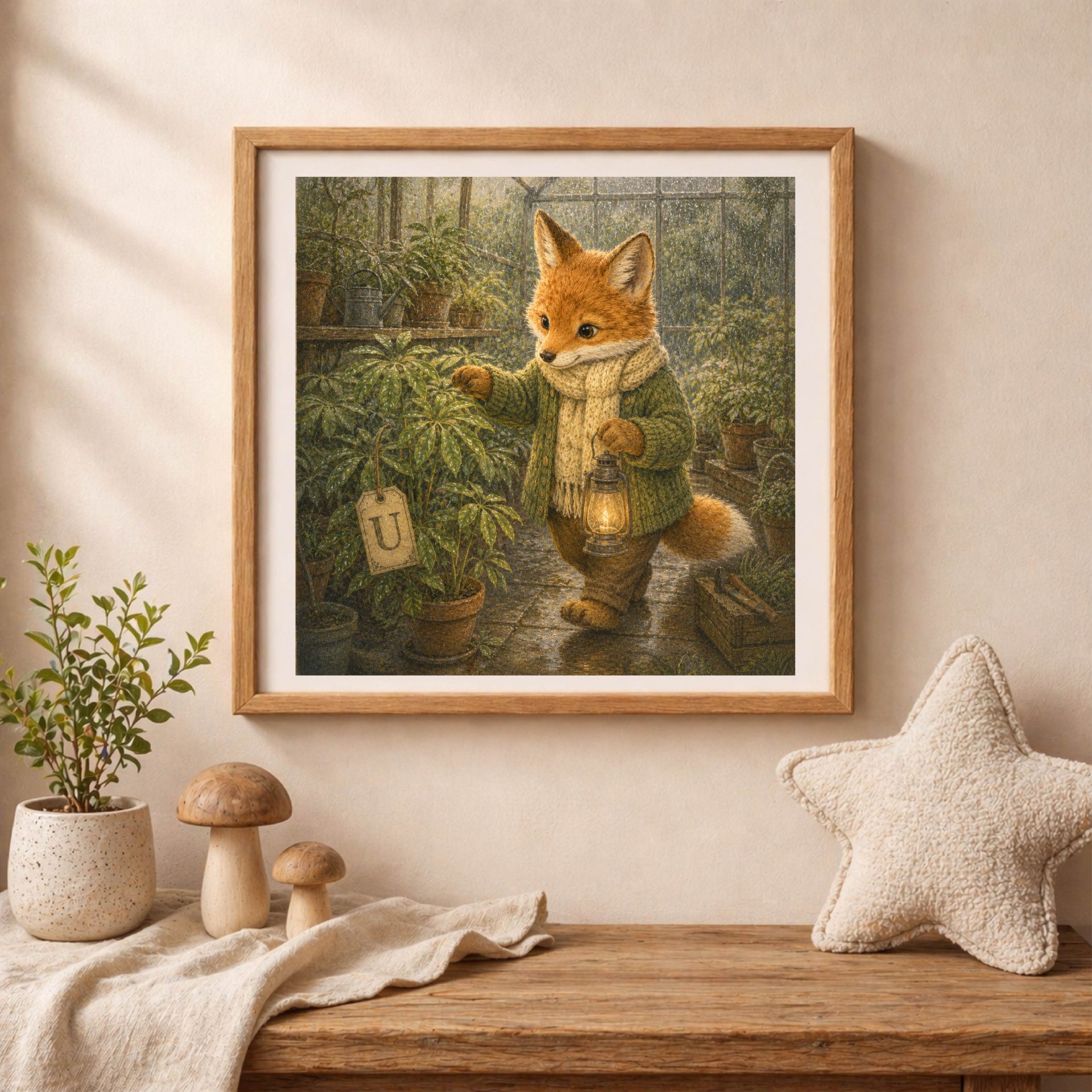 Nursery Monogram U Printable Woodland Fox Baby Shower Gift 5 Square wooden frame with a vintage fox carrying a lantern and a letter U tag, placed on a desk next to decorative mushrooms and a plush star pillow.