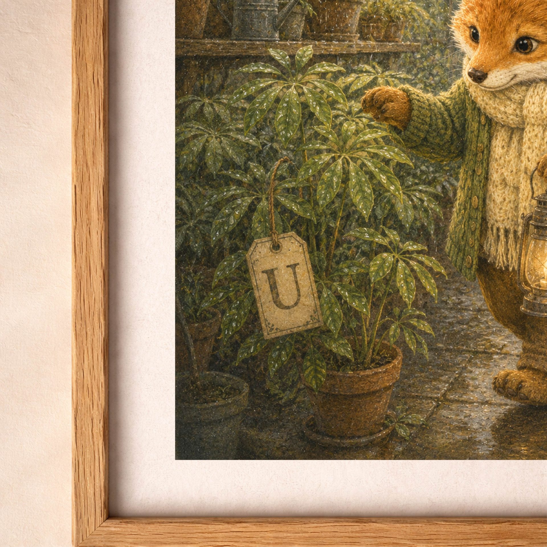 Nursery Monogram U Printable Woodland Fox Baby Shower Gift 7 Close up detailed view of a weathered cardboard tag displaying a printed letter U monogram hanging from a branch of a lush green umbrella plant in a terra cotta pot.