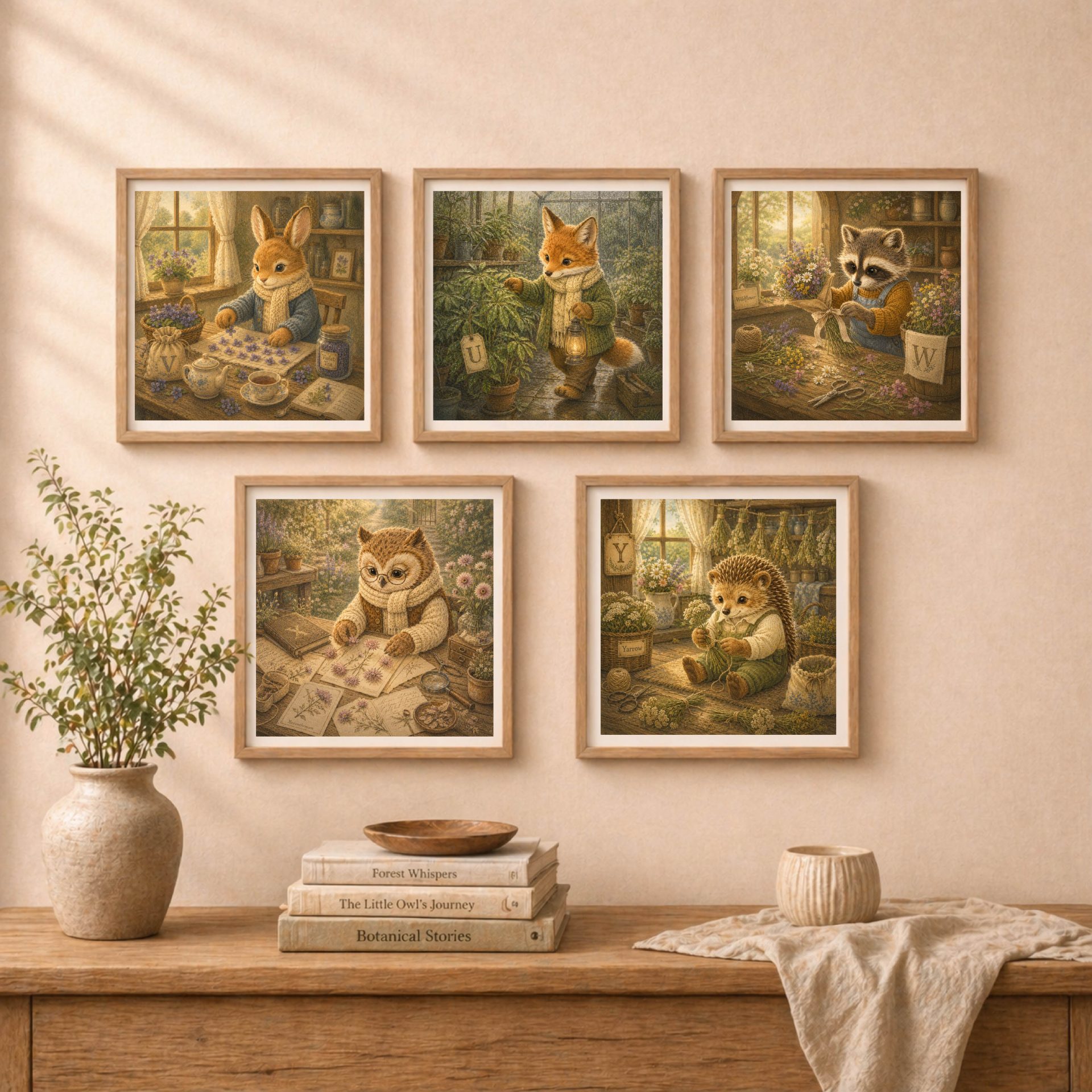Nursery Monogram U Printable Woodland Fox Baby Shower Gift 9 A gallery wall set of five framed square illustrations featuring a rabbit with letter V, a fox with letter U, a raccoon with letter W, an owl with letter X, and a hedgehog with letter Y.