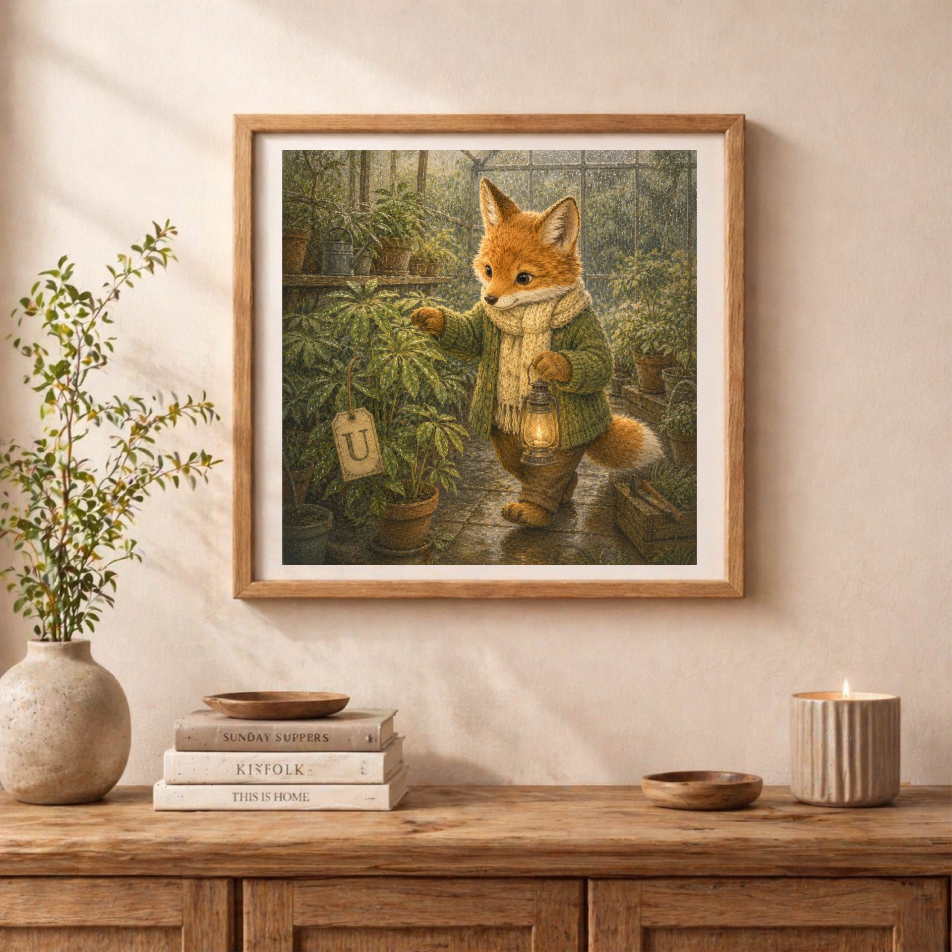 Nursery Monogram U Printable Woodland Fox Baby Shower Gift 3 Square framed picture of a vintage fox exploring greenhouse plants with a letter U monogram tag, styled on a wooden console table with books and a candle.