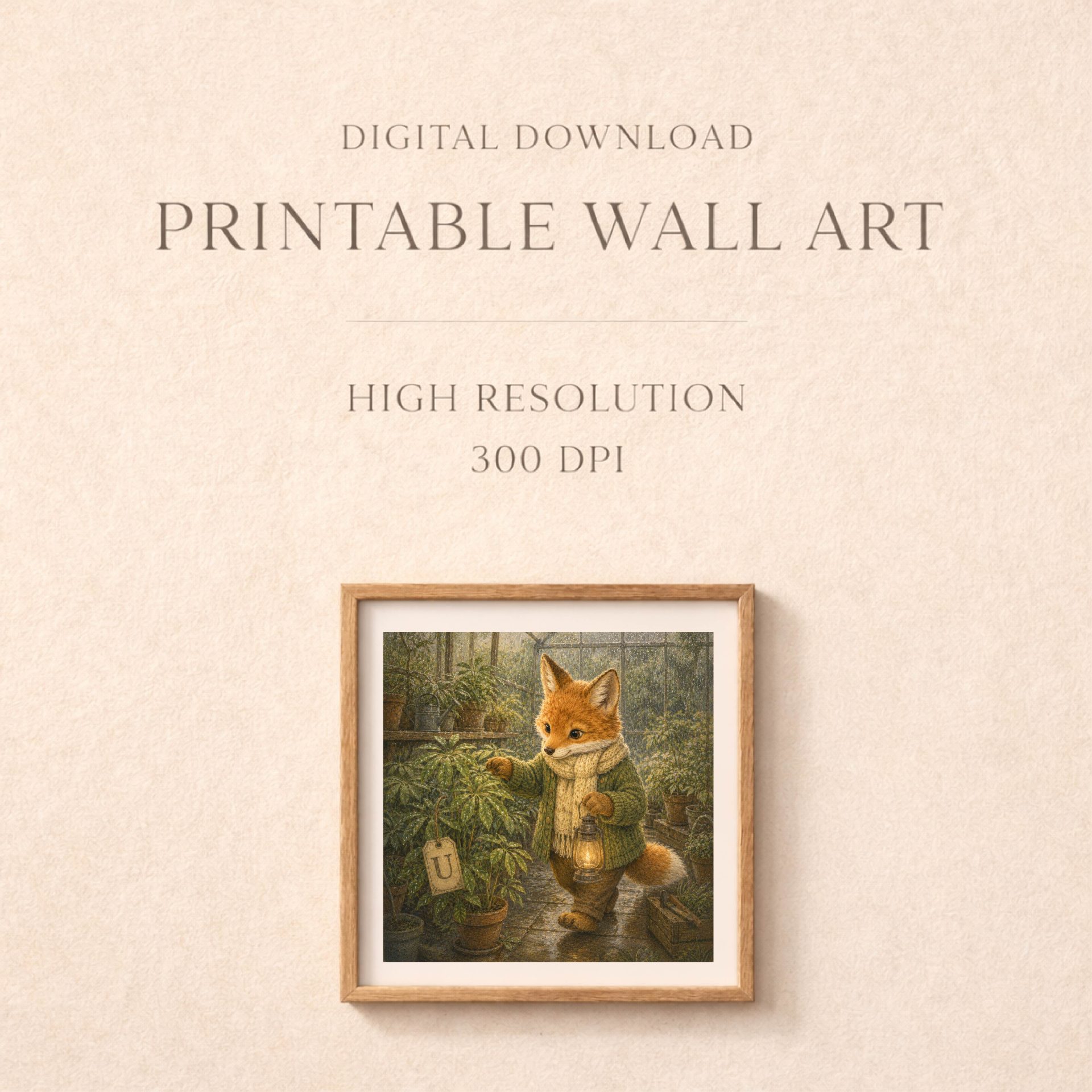 Nursery Monogram U Printable Woodland Fox Baby Shower Gift 8 Informational graphic template labeled digital download printable wall art high resolution 300 dpi with a small version of the fox print inside a wooden frame.