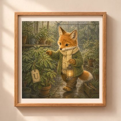A framed square digital art print of a storybook fox holding a lantern next to an umbrella plant with a hanging letter U tag inside a glass greenhouse.